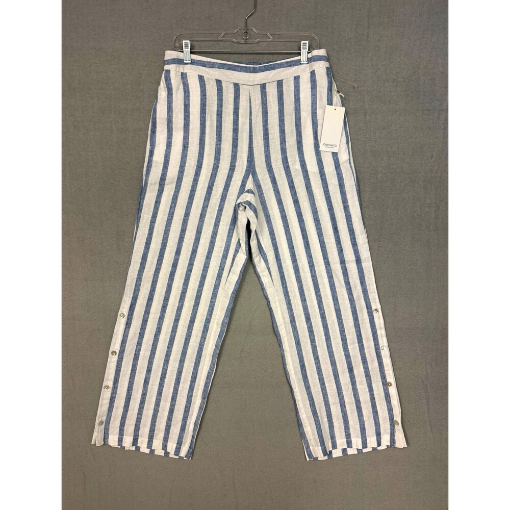 ⁠NWT Jones & Co New York Womens Medium 100% Linen Pants Blue White Stripe Button